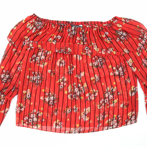 Miss Selfridge Womens Red Floral Polyester Basic Blouse Size 6 Off the Shoulder