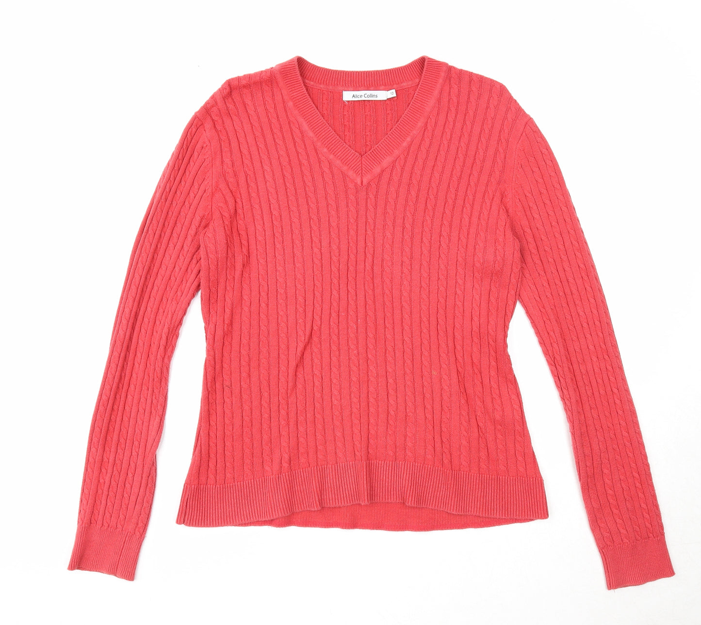 Alice Collins Womens Red V-Neck Cotton Pullover Jumper Size 10