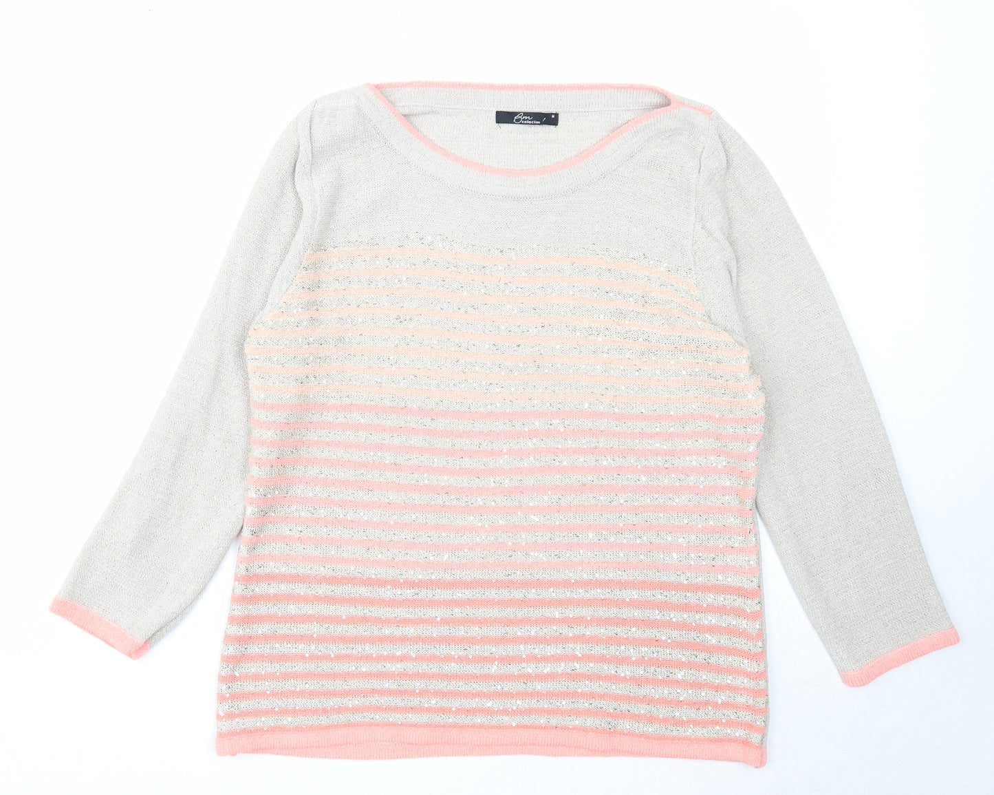 Bonmarché Womens Grey Boat Neck Striped Acrylic Pullover Jumper Size M