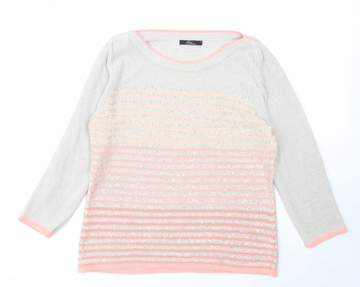 Bonmarché Womens Grey Boat Neck Striped Acrylic Pullover Jumper Size M