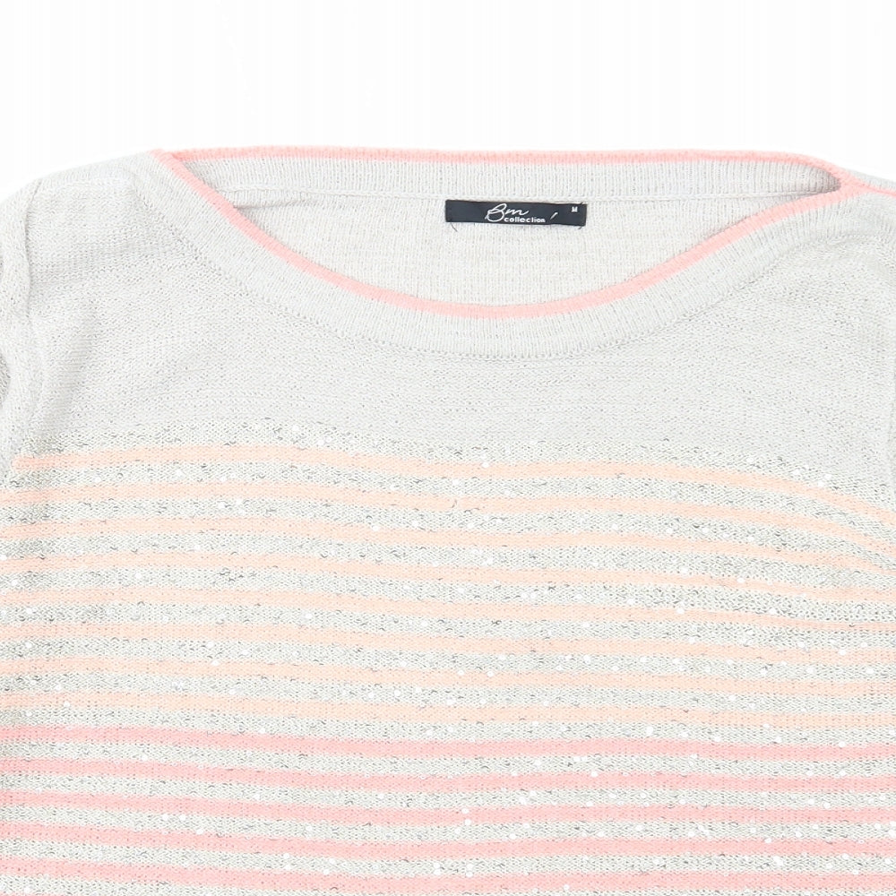 Bonmarché Womens Grey Boat Neck Striped Acrylic Pullover Jumper Size M