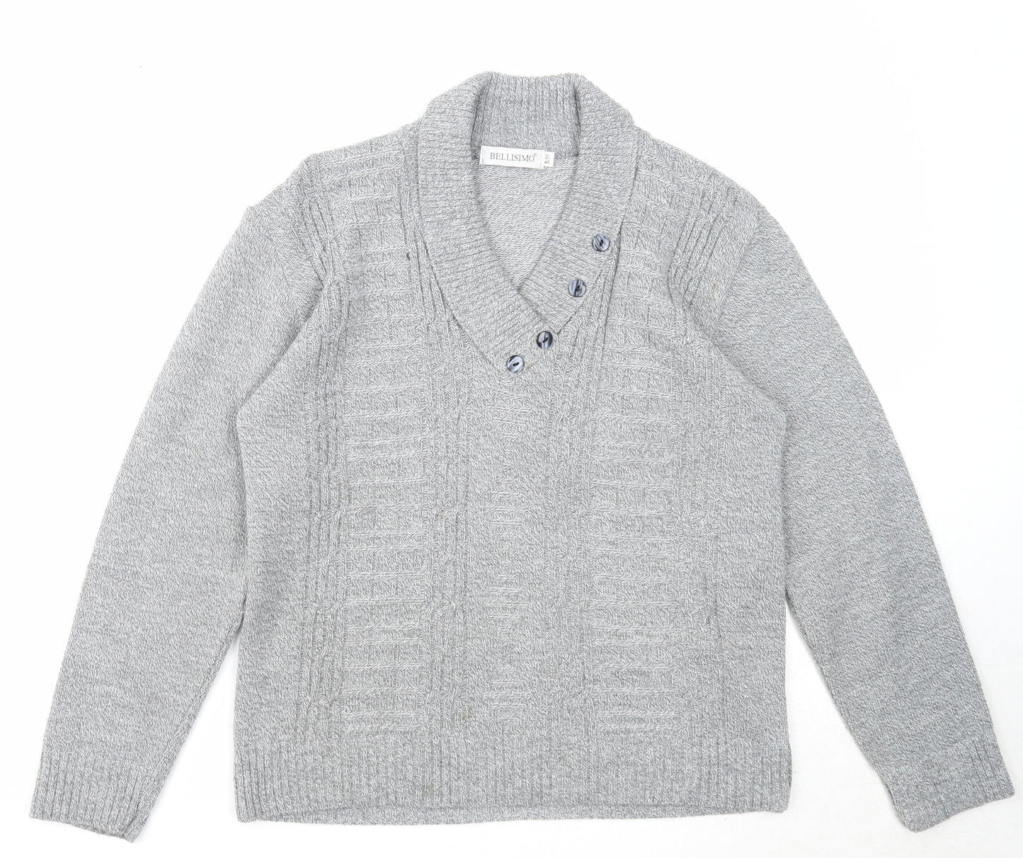 Bellisimo Mens Grey V-Neck Acrylic Pullover Jumper Size S Long Sleeve