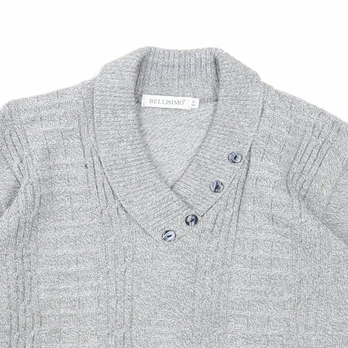 Bellisimo Mens Grey V-Neck Acrylic Pullover Jumper Size S Long Sleeve