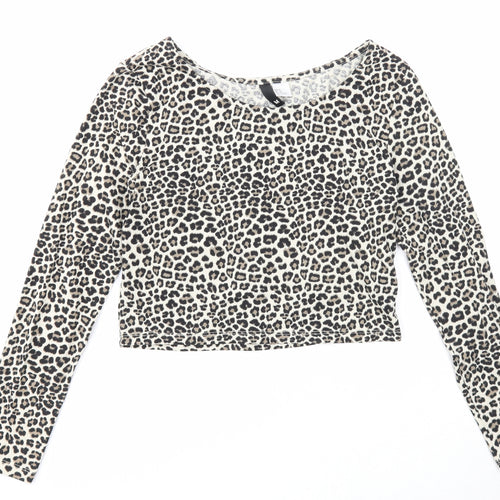 Divided Womens Beige Animal Print Cotton Basic T-Shirt Size M Round Neck - Leopard Print