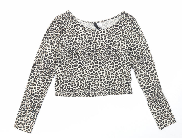 Divided Womens Beige Animal Print Cotton Basic T-Shirt Size M Round Neck - Leopard Print