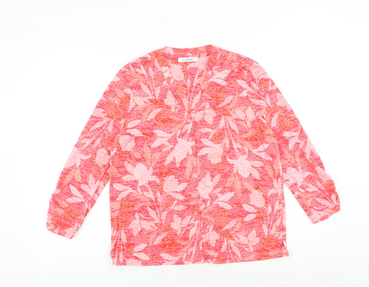 Marks and Spencer Womens Red Floral Polyester Basic Button-Up Size 12 V-Neck