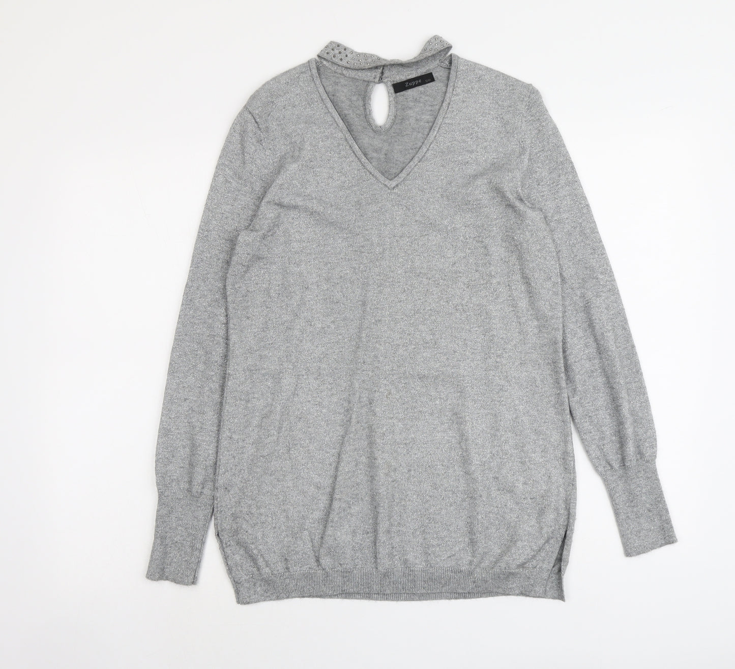 Zuppe Womens Grey V-Neck Polyamide Pullover Jumper Size S