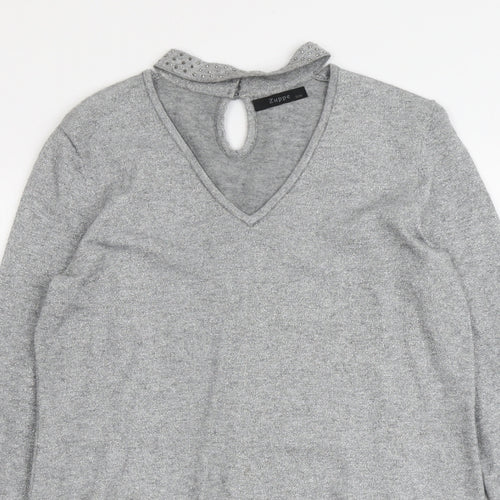 Zuppe Womens Grey V-Neck Polyamide Pullover Jumper Size S
