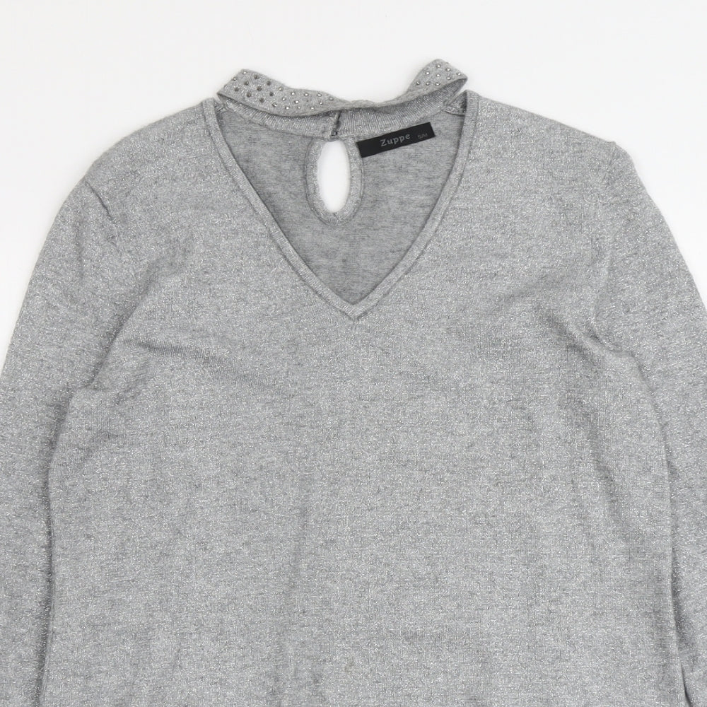 Zuppe Womens Grey V-Neck Polyamide Pullover Jumper Size S