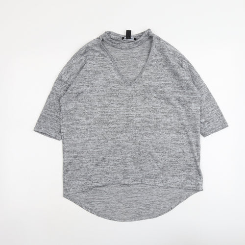 New Look Womens Grey Geometric Polyester Basic T-Shirt Size S V-Neck