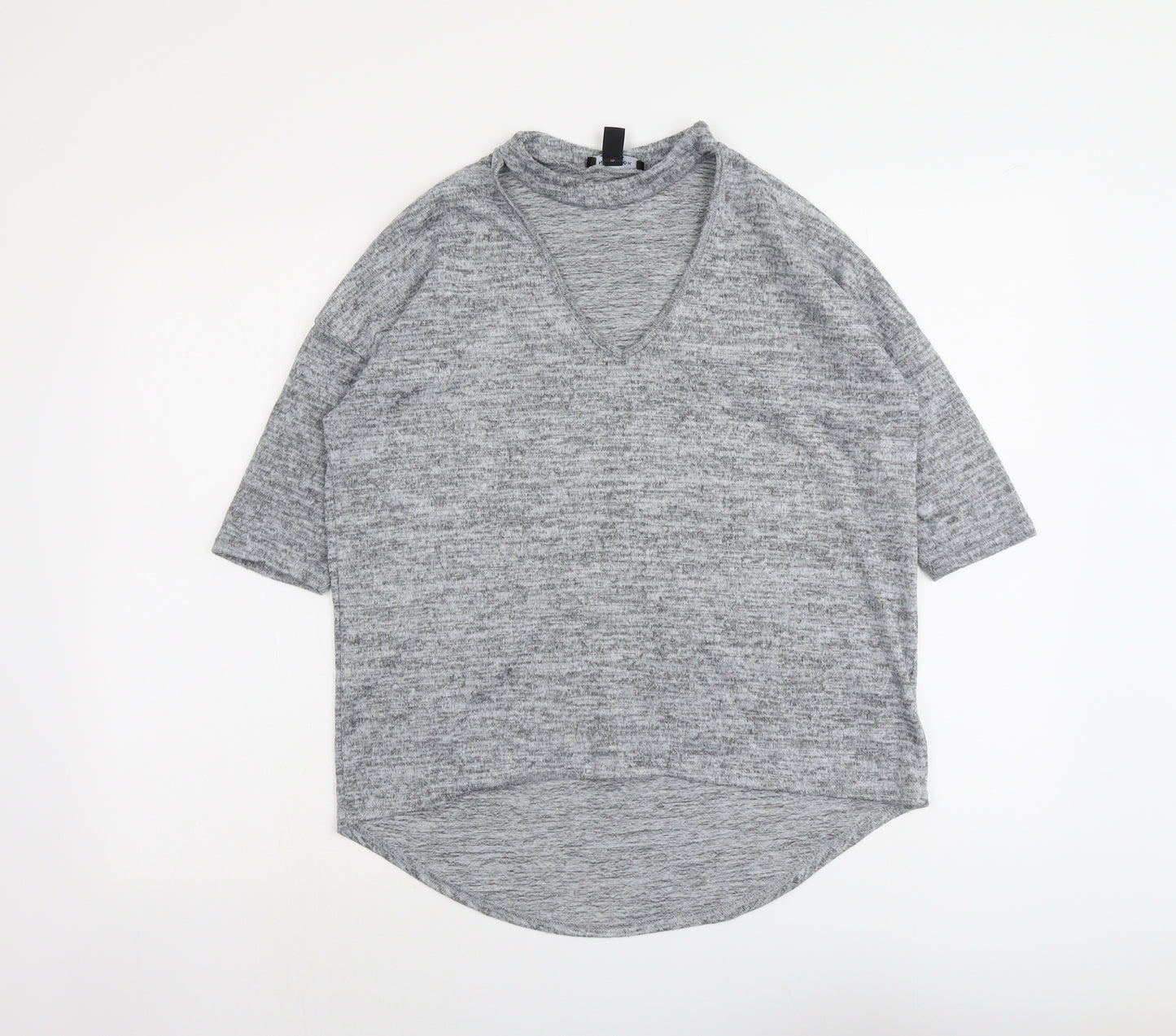 New Look Womens Grey Geometric Polyester Basic T-Shirt Size S V-Neck