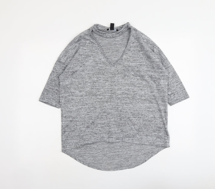 New Look Womens Grey Geometric Polyester Basic T-Shirt Size S V-Neck
