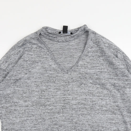 New Look Womens Grey Geometric Polyester Basic T-Shirt Size S V-Neck