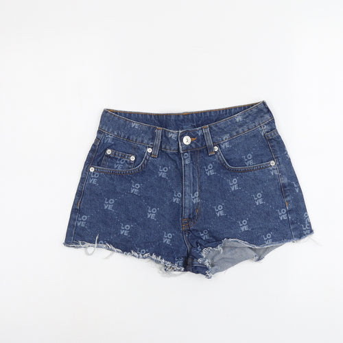 H&M Womens Blue Geometric Cotton Cut-Off Shorts Size 8 L3 in Regular Button - Love