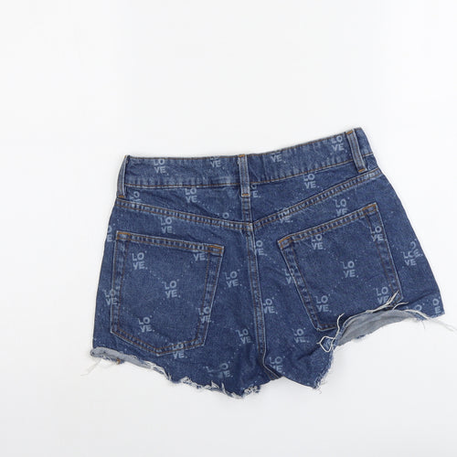 H&M Womens Blue Geometric Cotton Cut-Off Shorts Size 8 L3 in Regular Button - Love