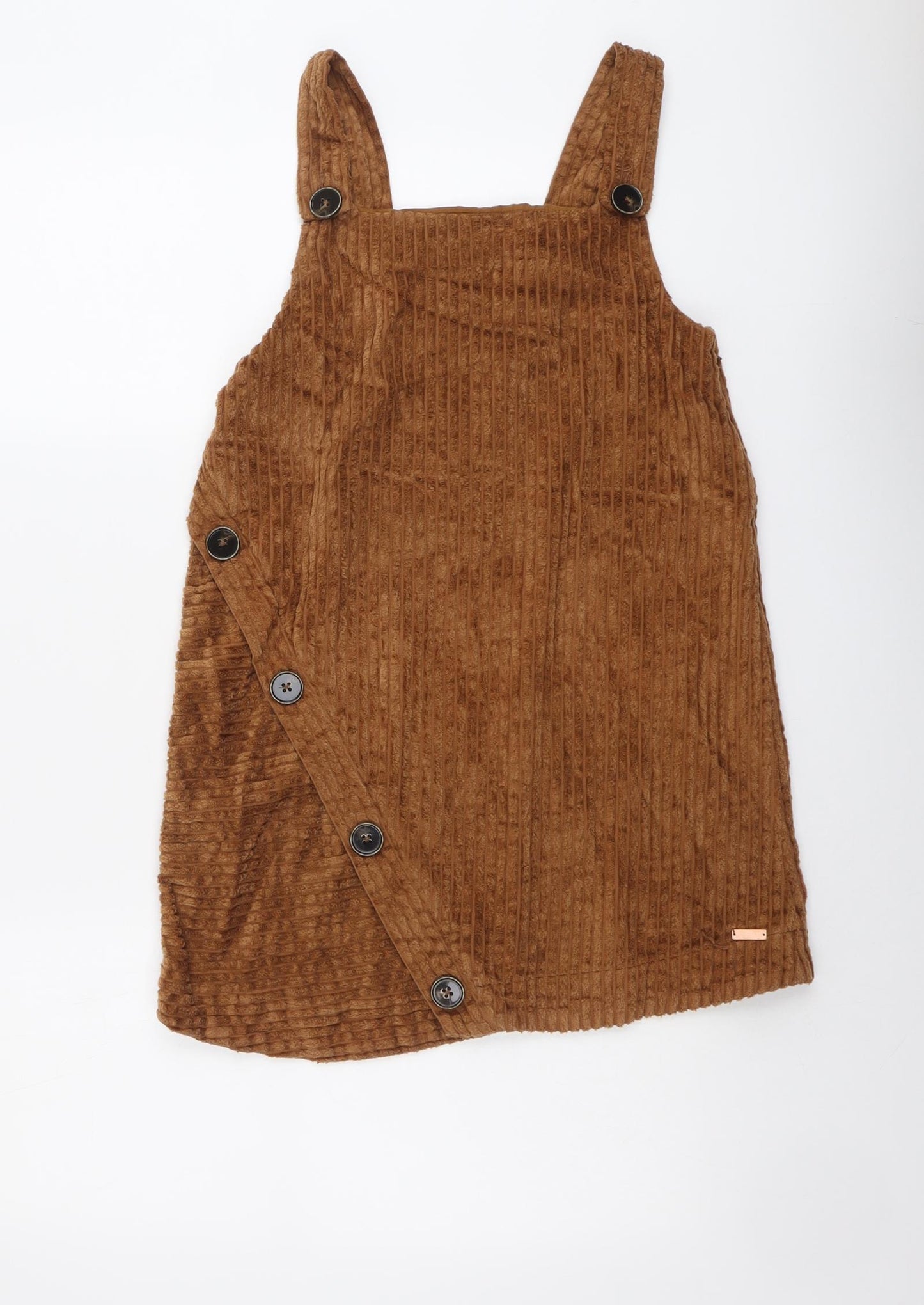 Firetrap Girls Brown Cotton Pinafore/Dungaree Dress Size 13 Years Square Neck Button