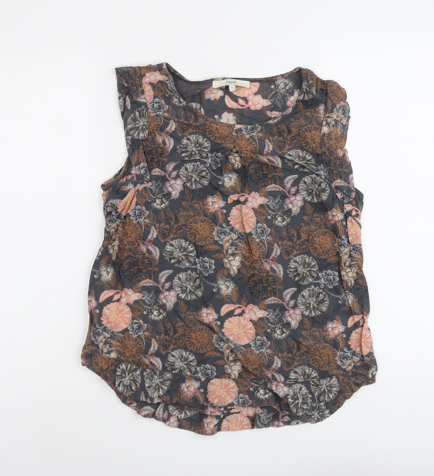 NEXT Womens Grey Floral Cotton Basic Blouse Size 10 Round Neck