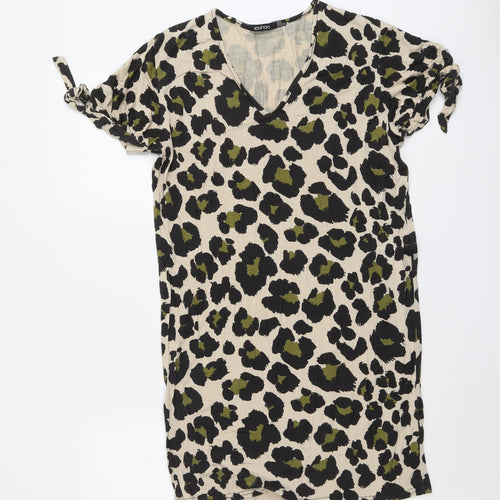 Boohoo Womens Beige Animal Print Viscose A-Line Size 8 V-Neck Pullover - Leopard Pattern