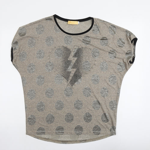 Shannon Womens Beige Polka Dot Polyester Basic T-Shirt Size L Round Neck