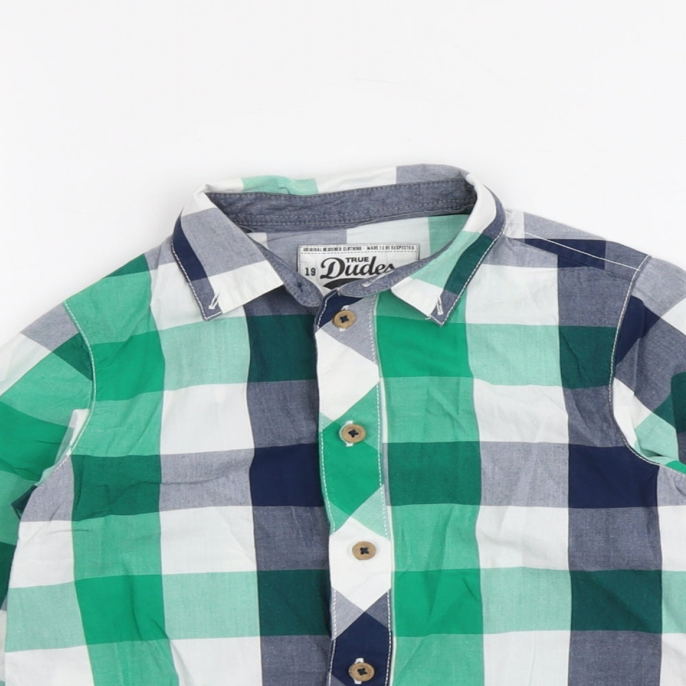 True Dudes Boys Green Plaid Cotton Basic Button-Up Size 4-5 Years Collared Button
