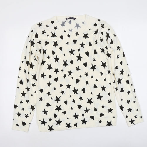 Marks and Spencer Womens Ivory Round Neck Geometric Acrylic Pullover Jumper Size 12 - Star Heart