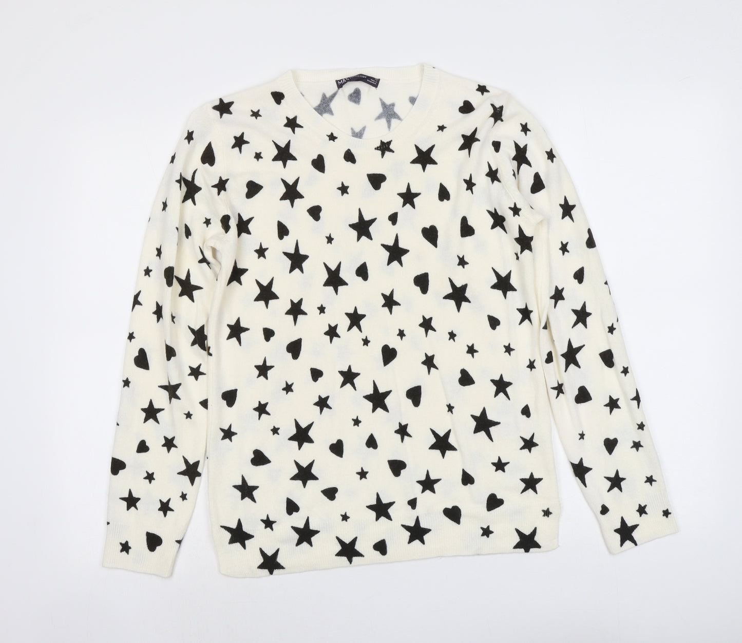 Marks and Spencer Womens Ivory Round Neck Geometric Acrylic Pullover Jumper Size 12 - Star Heart