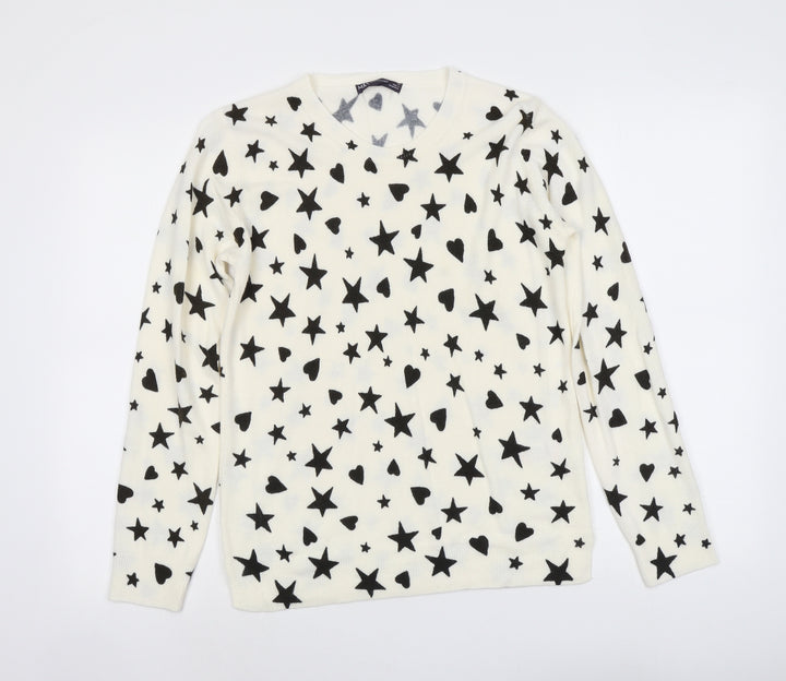 Marks and Spencer Womens Ivory Round Neck Geometric Acrylic Pullover Jumper Size 12 - Star Heart
