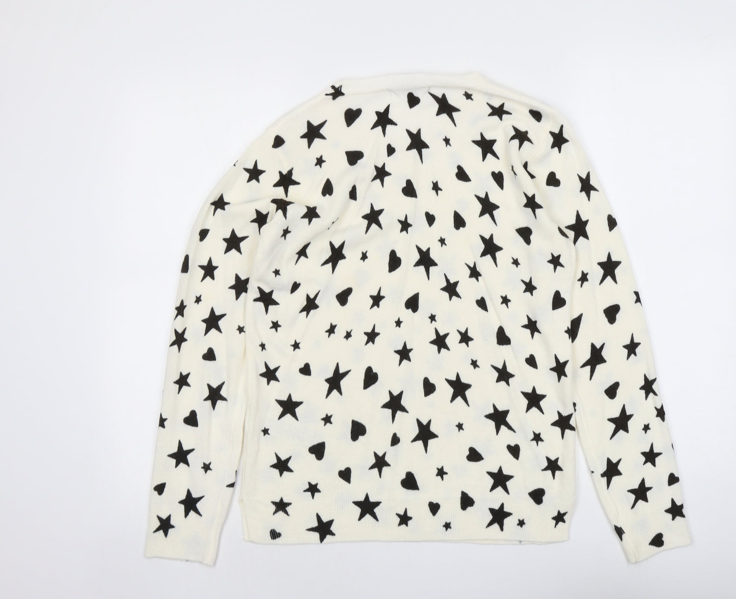 Marks and Spencer Womens Ivory Round Neck Geometric Acrylic Pullover Jumper Size 12 - Star Heart