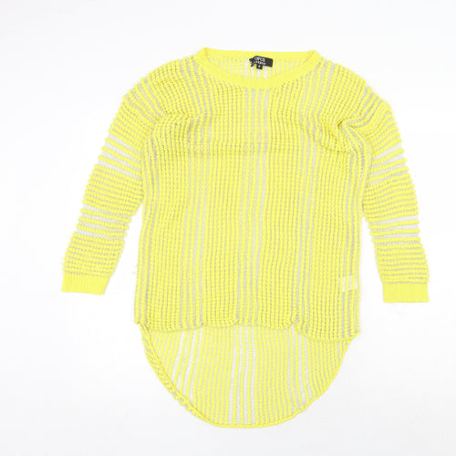OPUS Womens Yellow Round Neck Striped Polyester Pullover Jumper Size 8