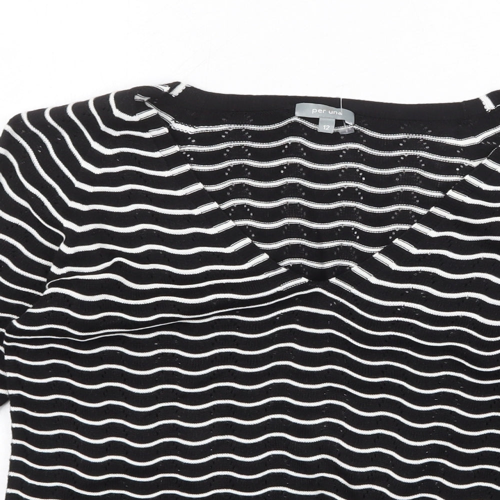 Marks and Spencer Womens Black V-Neck Striped Acrylic Pullover Jumper Size 12