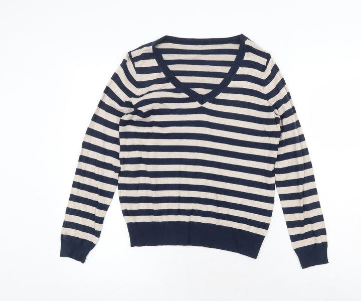 Marks and Spencer Womens Multicoloured V-Neck Striped Viscose Pullover Jumper Size 12