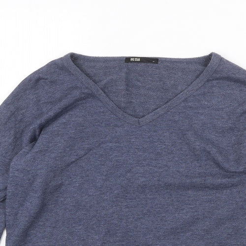 BIG STAR Womens Blue V-Neck Cotton Pullover Jumper Size S