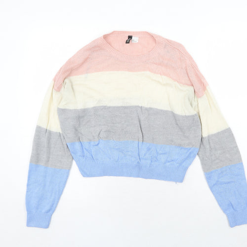 H&M Womens Multicoloured Round Neck Striped Acrylic Pullover Jumper Size S