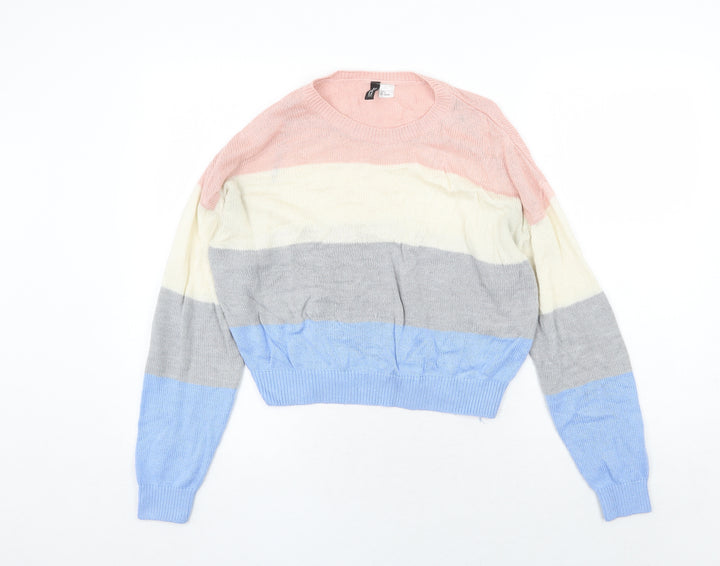 H&M Womens Multicoloured Round Neck Striped Acrylic Pullover Jumper Size S
