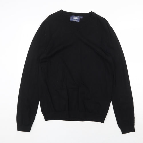 Topman Mens Black V-Neck Cotton Pullover Jumper Size M Long Sleeve