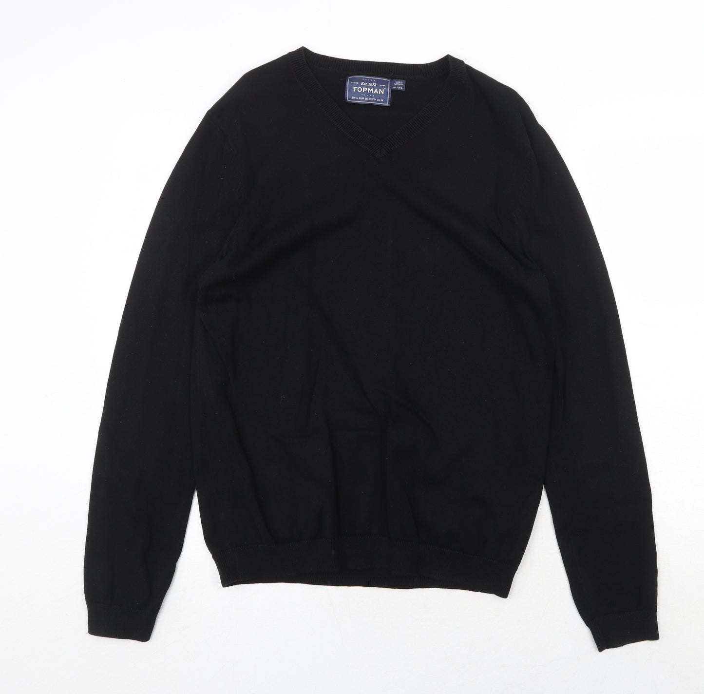 Topman Mens Black V-Neck Cotton Pullover Jumper Size M Long Sleeve