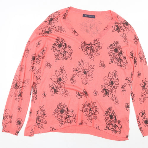 Marks and Spencer Womens Pink V-Neck Floral Acrylic Pullover Jumper Size M
