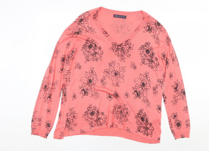 Marks and Spencer Womens Pink V-Neck Floral Acrylic Pullover Jumper Size M