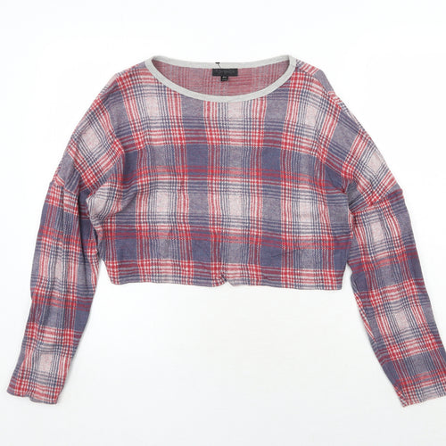 Topshop Womens Red Round Neck Plaid Cotton Pullover Jumper Size 10