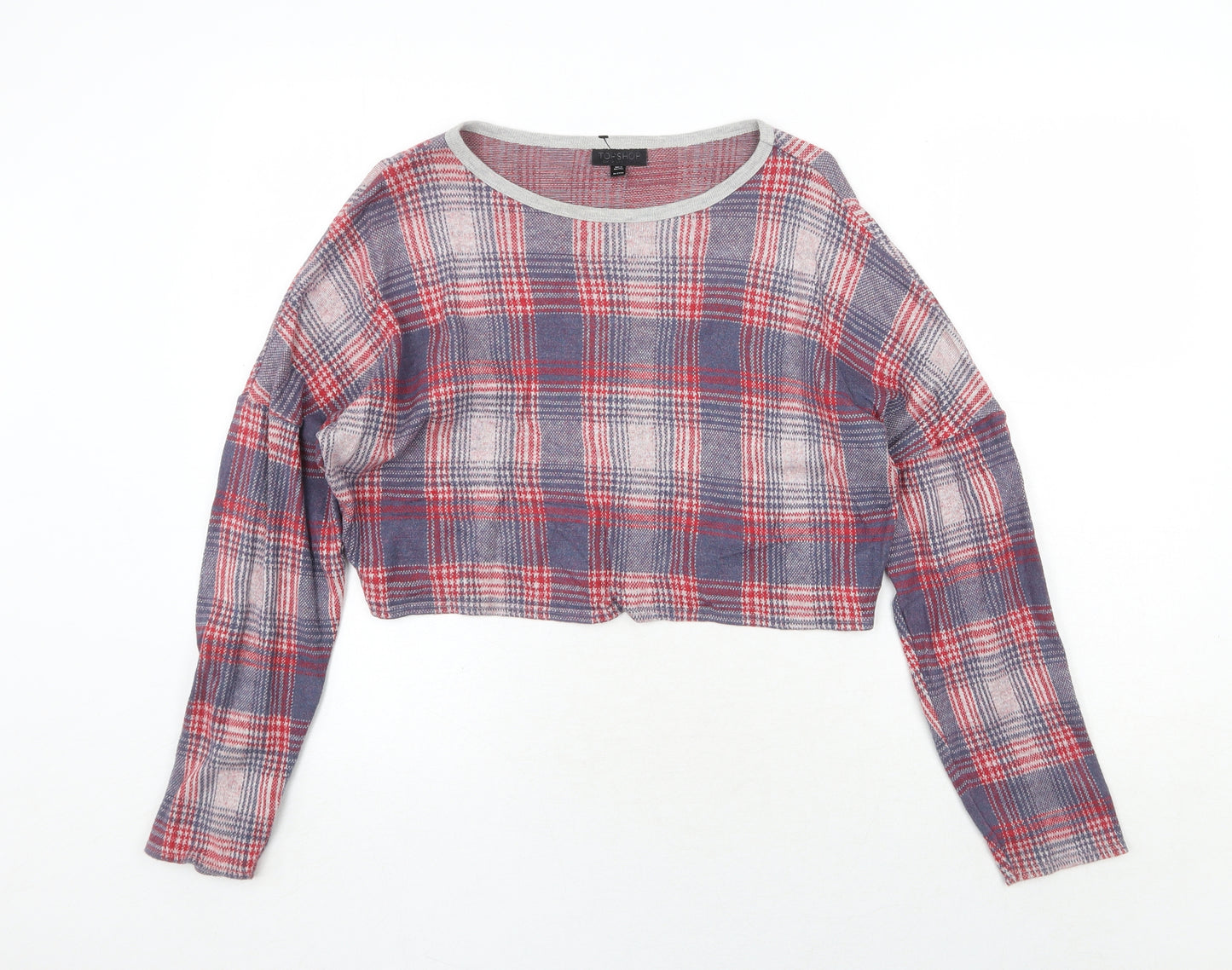 Topshop Womens Red Round Neck Plaid Cotton Pullover Jumper Size 10