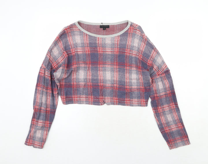 Topshop Womens Red Round Neck Plaid Cotton Pullover Jumper Size 10