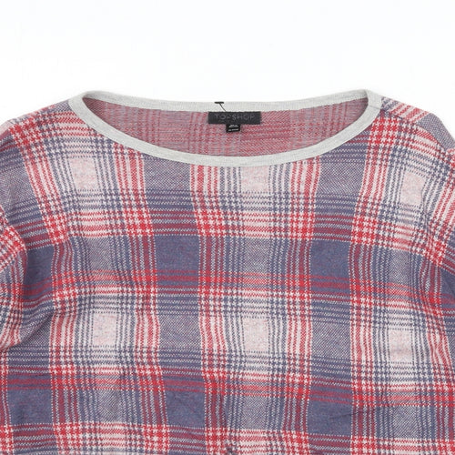 Topshop Womens Red Round Neck Plaid Cotton Pullover Jumper Size 10
