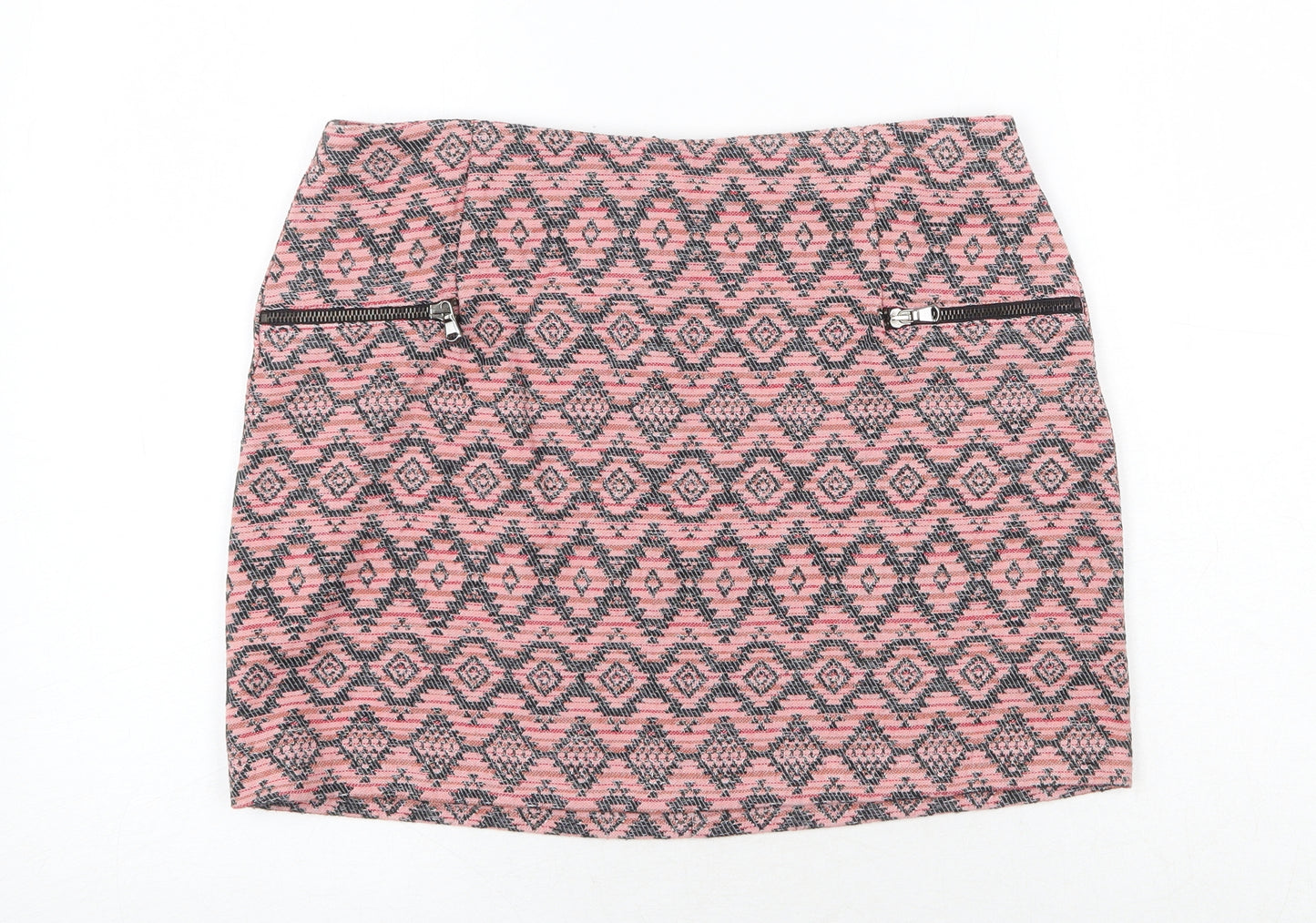 Stradivarius Womens Pink Geometric Wool Mini Skirt Size 12 Zip