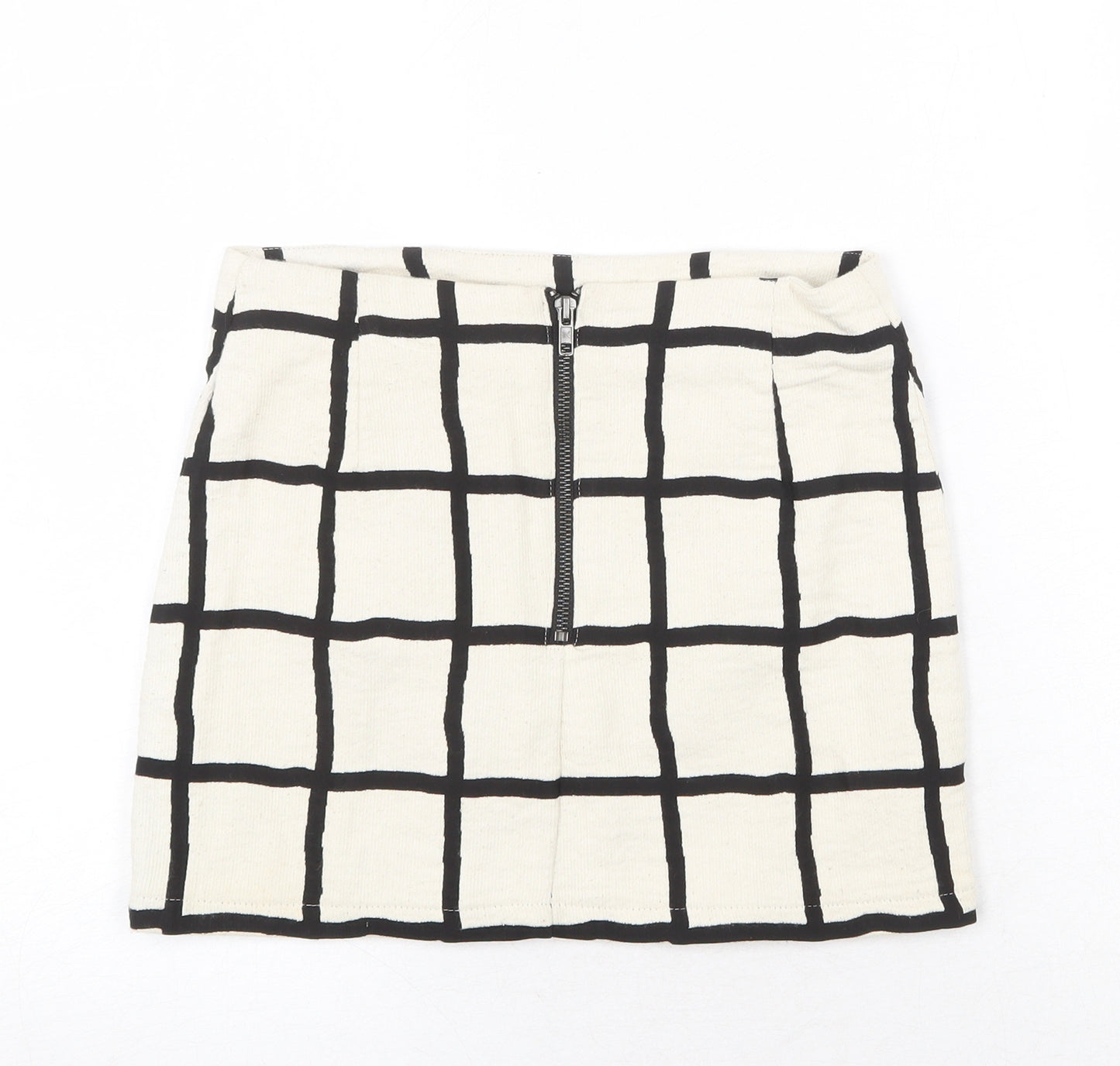 Topshop Womens Ivory Check Cotton A-Line Skirt Size 8 Zip
