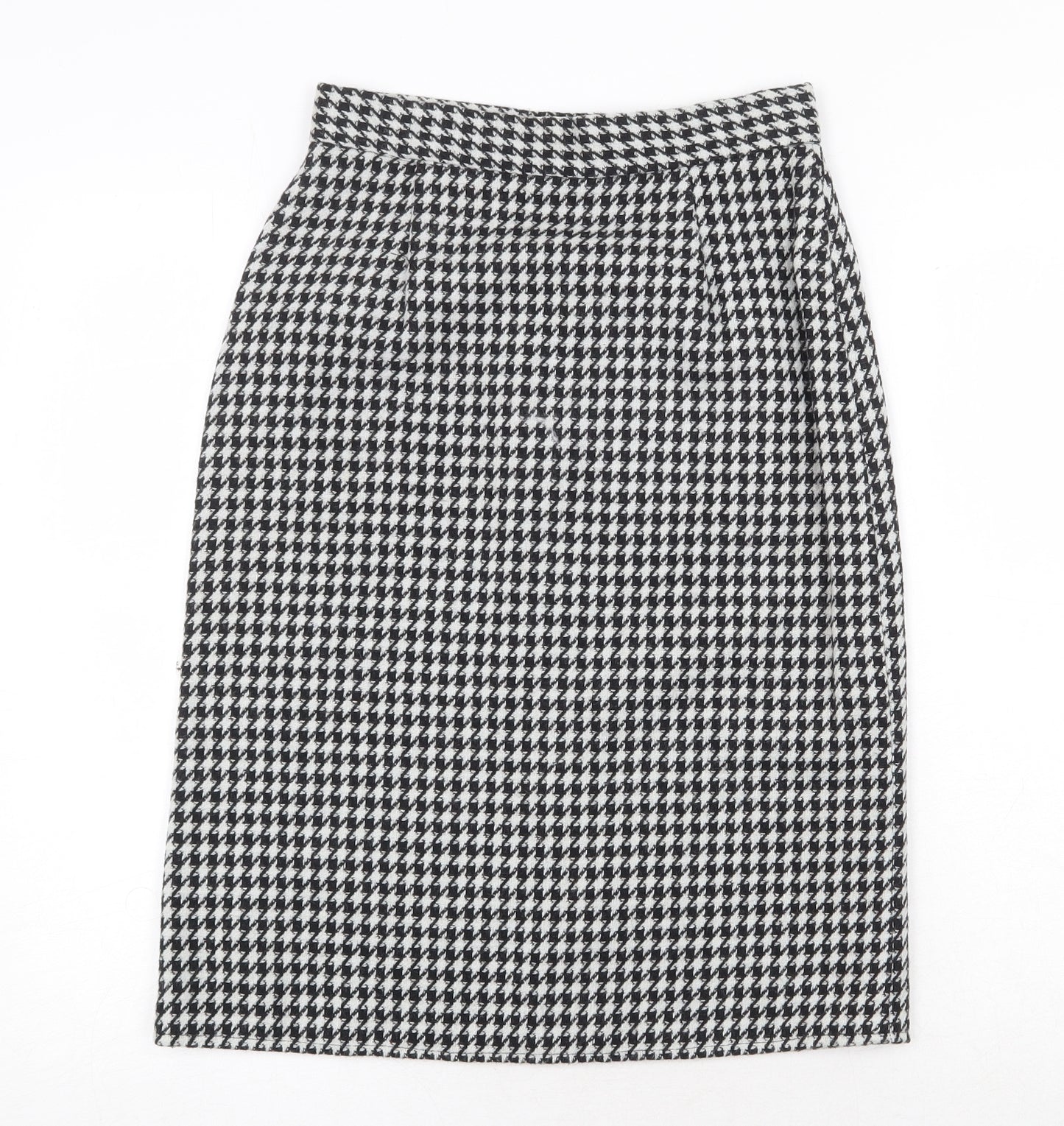 Quality Fashion Womens Black Geometric Wool A-Line Skirt Size 10 Zip - Houndstooth Pattern