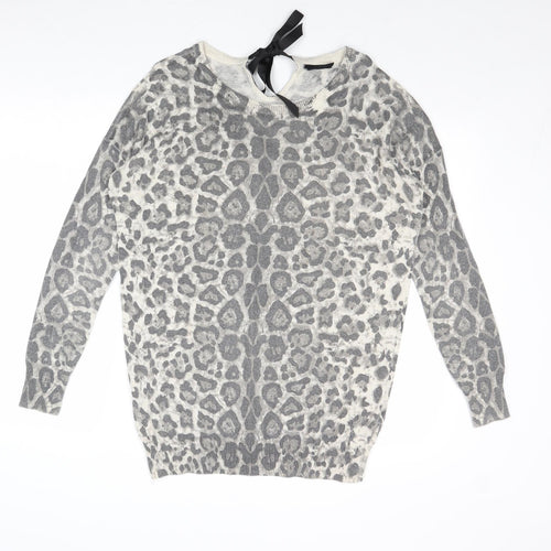 Wallis Womens Grey Boat Neck Animal Print Acrylic Pullover Jumper Size S - Leopard Print