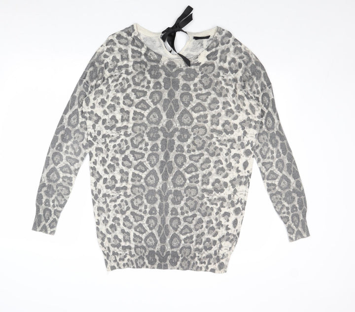 Wallis Womens Grey Boat Neck Animal Print Acrylic Pullover Jumper Size S - Leopard Print