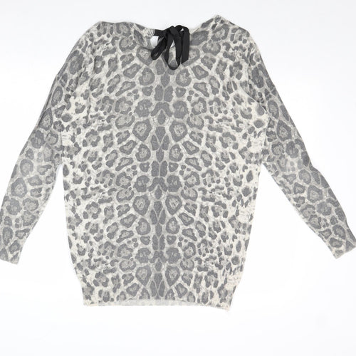 Wallis Womens Grey Boat Neck Animal Print Acrylic Pullover Jumper Size S - Leopard Print