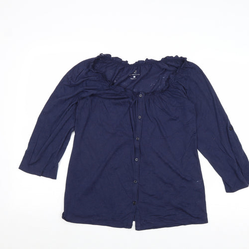 New York & Company Womens Blue Cotton Basic Button-Up Size S Round Neck