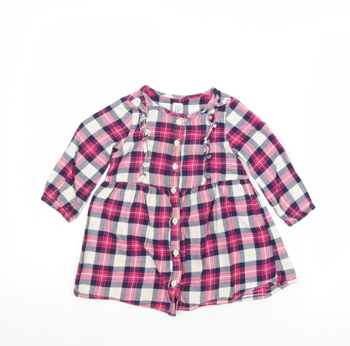 Gap Girls Pink Plaid 100% Cotton Shirt Dress Size 2 Years Round Neck Button